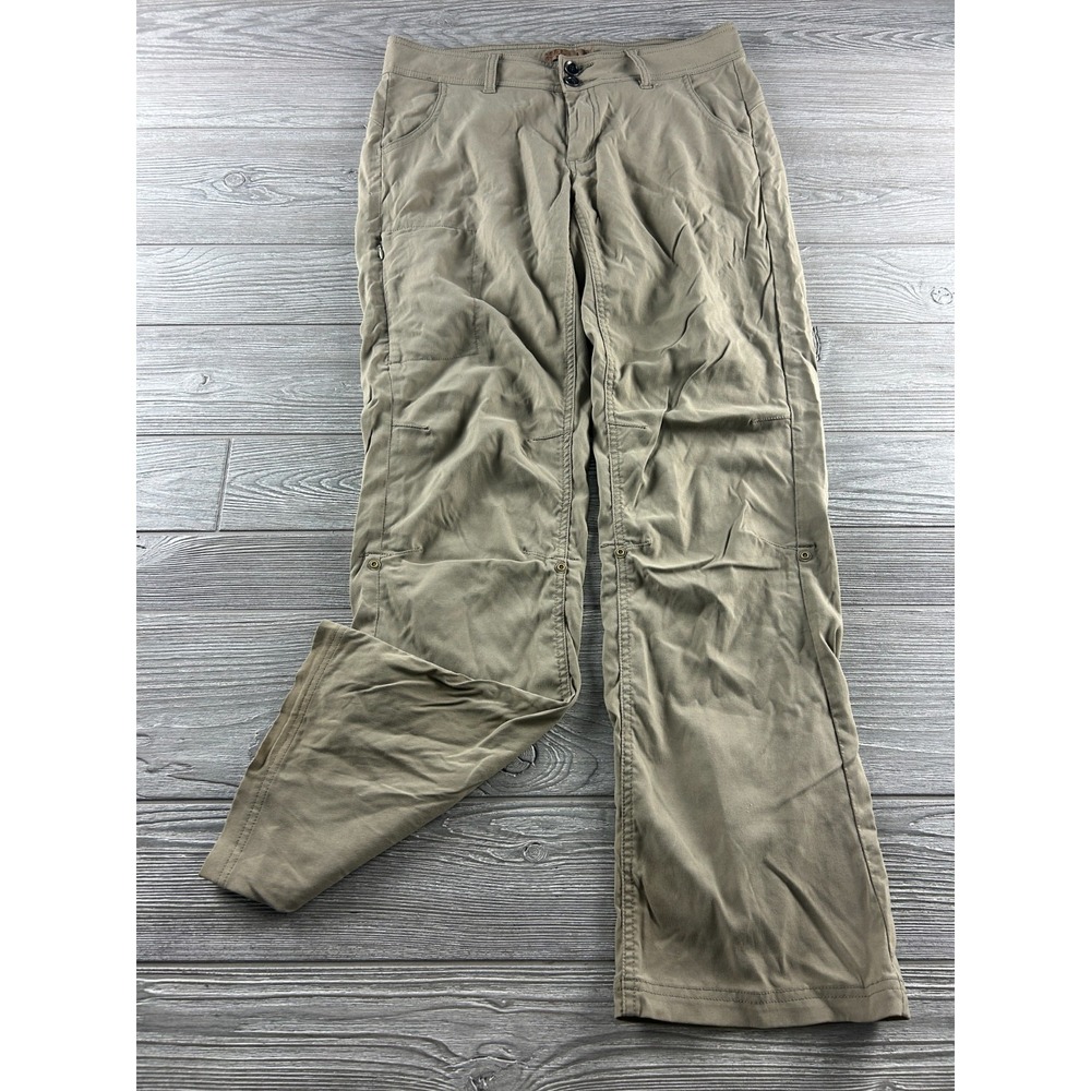 prAna Pants Womens 8 Khaki Outdoor Hiking Stretch Roll Up Snap Straight Legs